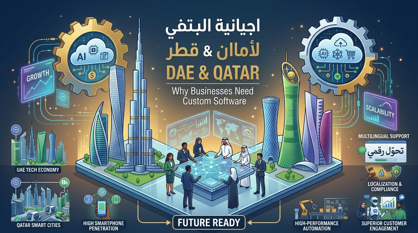 Digital transformation UAE Qatar, Custom software for business growth, showing Burj Khalifa, Doha skyline, and business professionals with technology icons for scalabilty, automation, and compliance